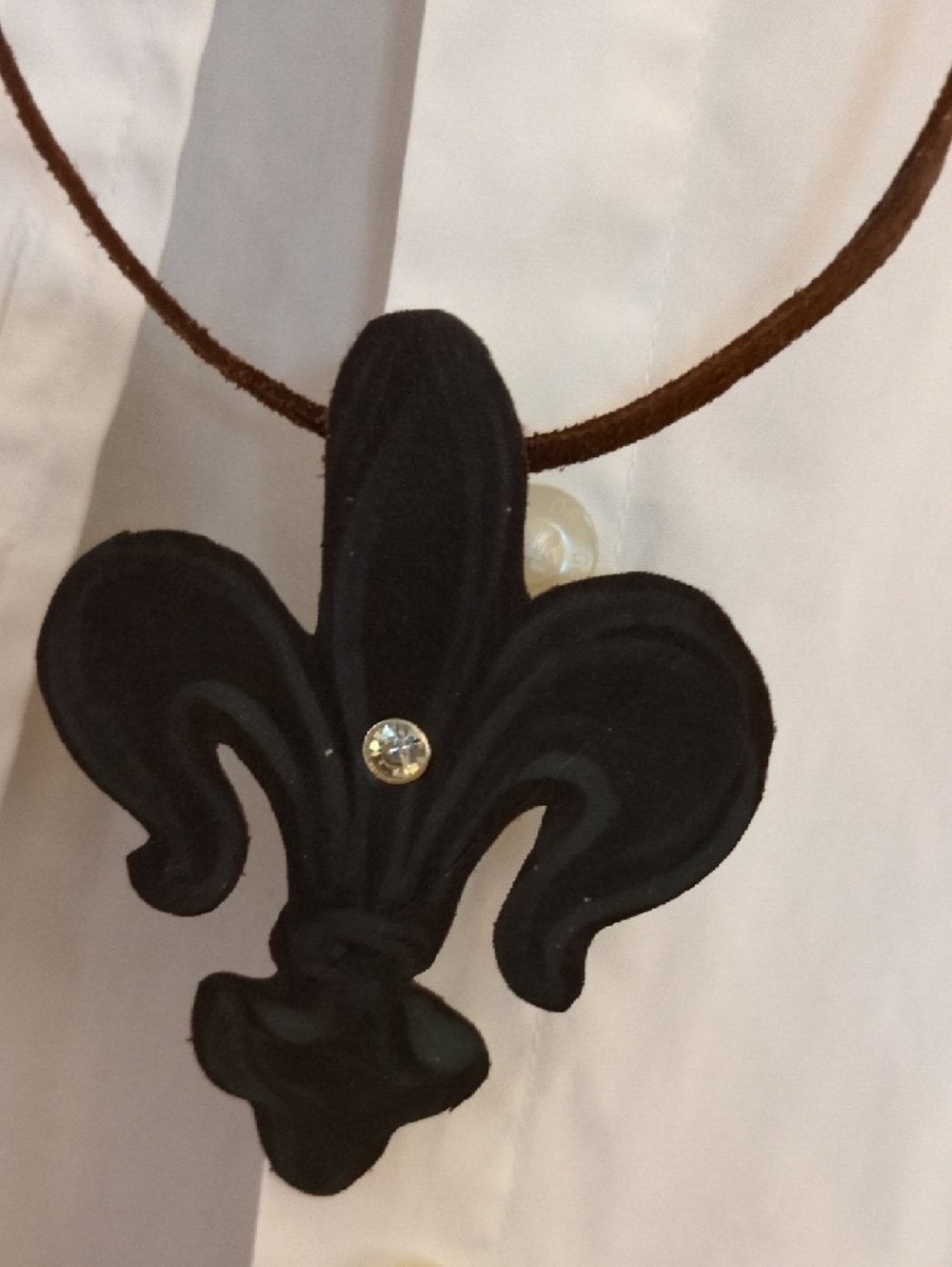 Handmade Genuine Leather Hand Painted Fleur-de-Lis Necklace Crystal Rivet Accent